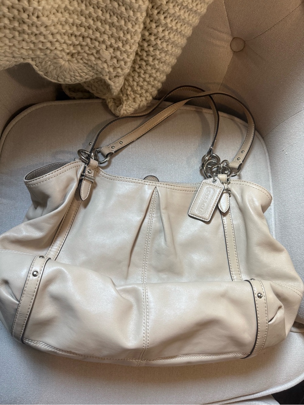 Coach Pebbled Leather Shoulder Tote in Light Beige